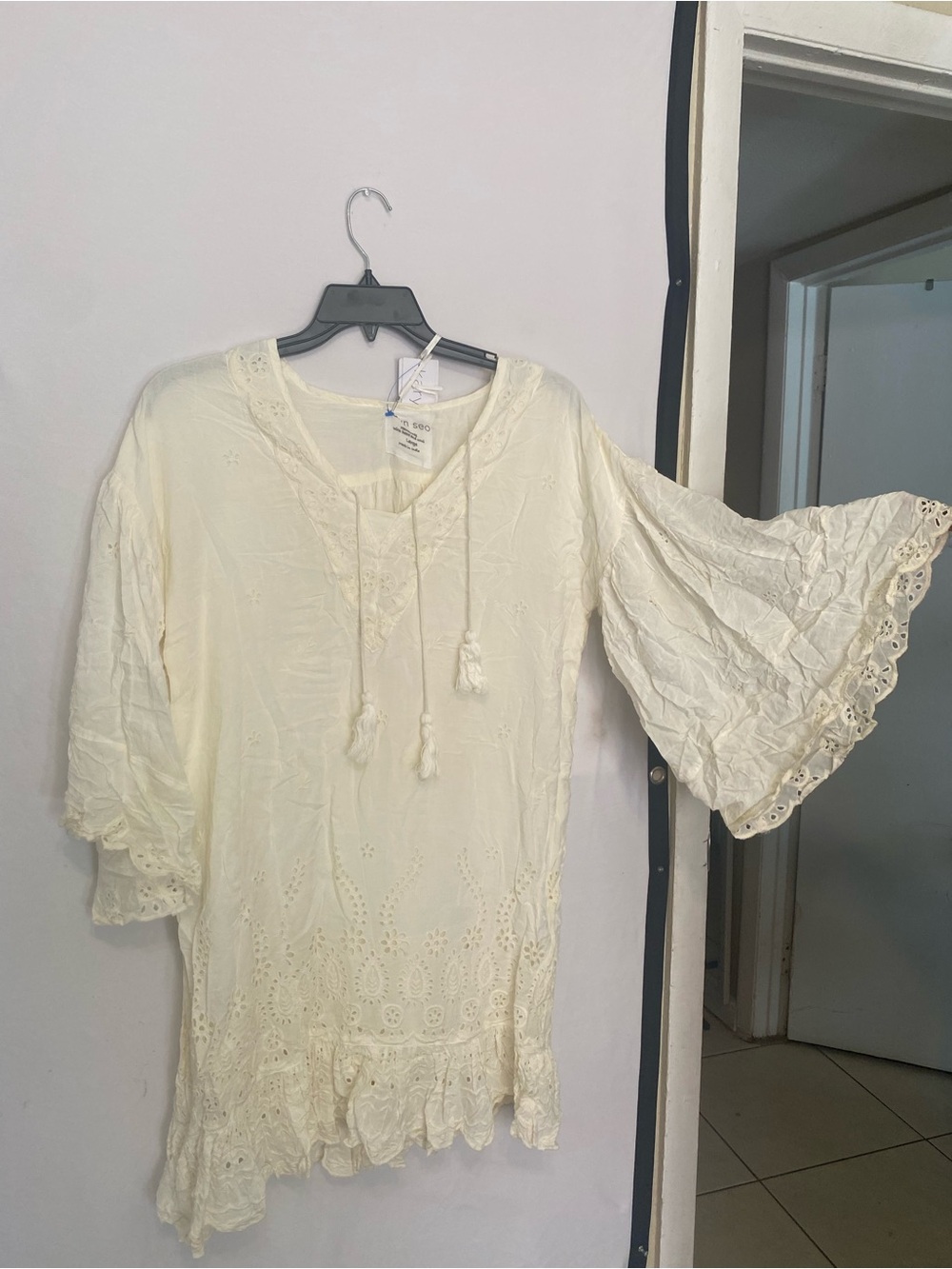 Boho Lace-Trim Cream Tunic Dress with Bell Sleeves